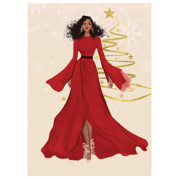 RED DRESS GLAMOROUS CHRISTMAS CARD