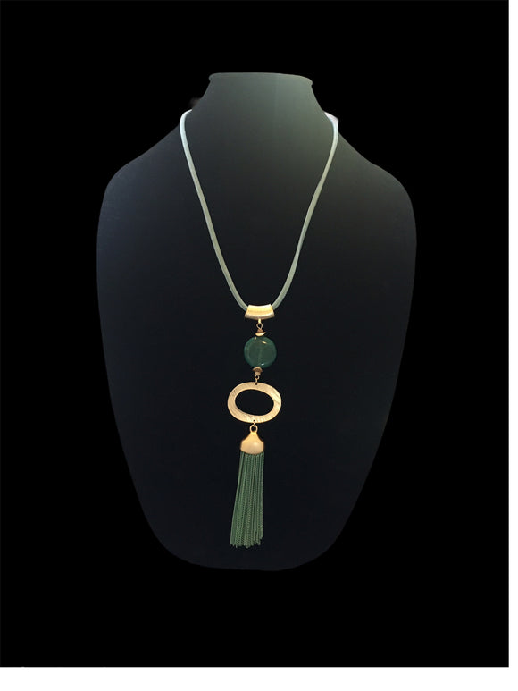 Sea Green and Gold Tassel Necklace